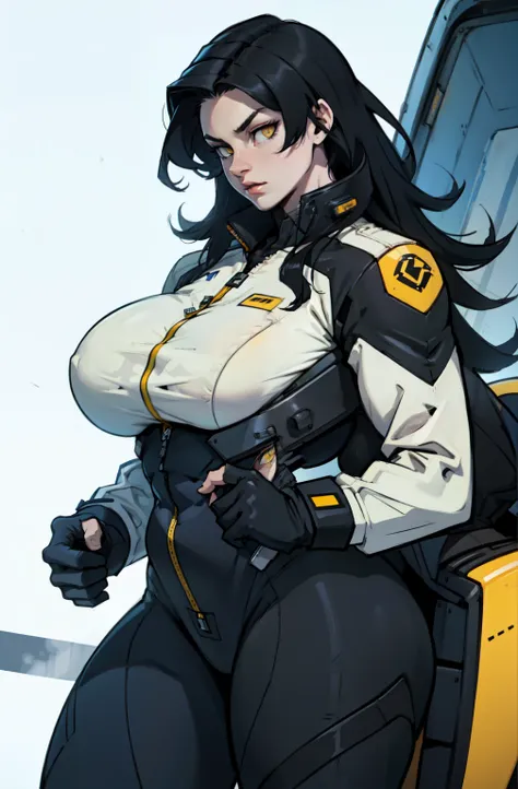 huge breasts black hair yellow eyes pale skin pilot suit very long hair {{{pilot suit}}}