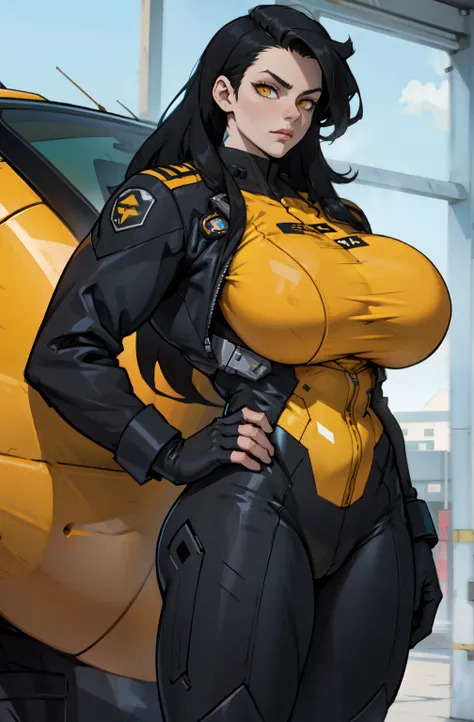 huge breasts black hair yellow eyes pale skin pilot suit very long hair {{{pilot suit}}}