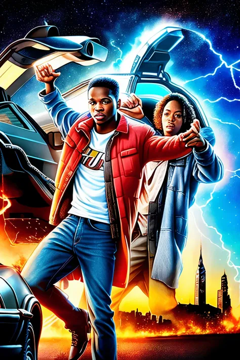 A visually stunning movie poster for "Back to the Future" featuring a captivating cast of black characters, portraying an alternative and inclusive perspective. The artwork showcases the iconic elements of the original poster while seamlessly incorporating...