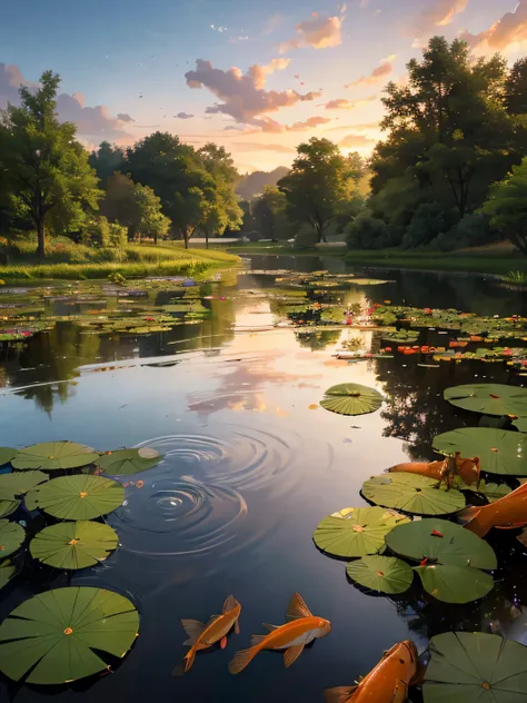 best quality, 8k, highres, realistic, detailed, Evening Pond, pond at dusk, orange water surface, lotus flowers, (golden carp, red and white carp, carp of various patterns)