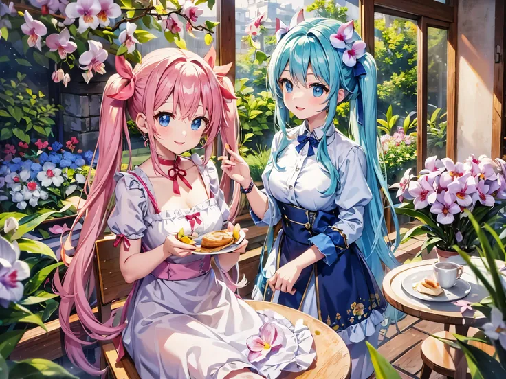 Cafe in the Orchid Flower Garden　Cute beautiful girl pastry chef、pastry chef clothes、Light blue long hair、twin tails、bright smile、making crepes、Decorated with many orchid flowers、