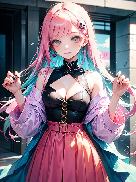 "cute, beautiful, Adorable girl wearing pink clothes, yellow, and baby blue color scheme. She is wearing a costume with a SKULL motif inspired by a female pirate.。.... her costume is fluffy and soft, Comes with decorative accessories such as hair clips. Em...