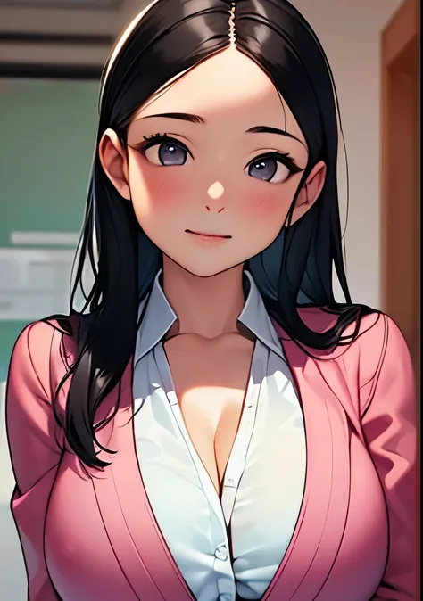 A girl with a youthful appearance and black hair, wearing a pink suit and a mini skirt, with a busty figure. The girl is in an office setting. The image quality is (best quality, 4k, highres, masterpiece:1.2), ultra-detailed, and (realistic, photorealistic...