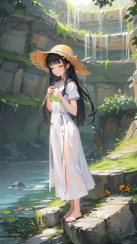 perfect anatomy, masterpiece:1.4, best quality, 8k, beautiful detailed grow, daydreaming expression, in summer, standing solo:1.3 ((blunt bangs)) (black hair long hair immensely cute girl 14 yo, closed sexy eyes, lovely smile), break, in a white long One-p...