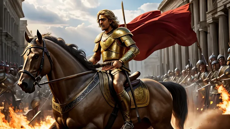 Alexander the Great,Spreading Empire,Macedonian military genius,warrior, fighter, blood in battle, screaming, hyper realistic sword power, cinematic, photorealism, ultra detailed, hyper realistic, 8K