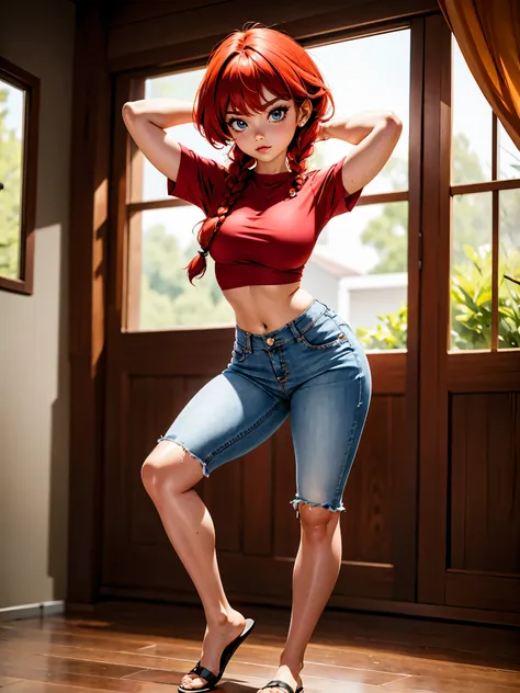 garota anime ruiva com bermuda jeans e vestido vermelho red, 16 anos, corpo bonito, seios grandes, with hands behind head, runni...