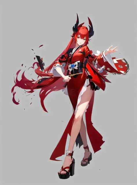 Anime girl with horns and red skirt holding a knife, Kushat kenz, Kushat krenz, Onmyoji detailed art, bloody + concept art, Guilty gear art style, Kushat, Kushat krenz key art feminine, Interesting character design, Rosdrus Sakimichan, Popular topics on ar...