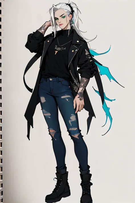 1 girl, Sidecut hair, jinx arcane hair, Sidecut hair, teenager, hyper realistic hands, detailed hyper realistic eyes, rock jacket, jeans, black clothing, white hair, light background, full body, long hair, teenager, tribal tattoo, colorful parts, sketchboo...