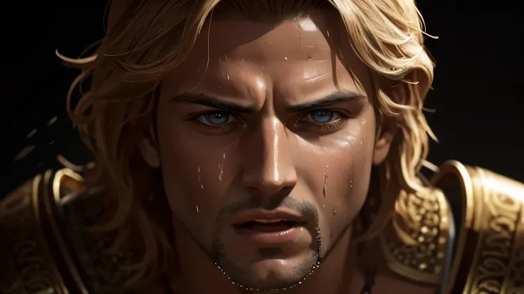 Alexander the Greats face cut, beads of sweat running down his face, screaming, hyper realistic sword power, cinematic, photorealism, ultra detailed, hyper realistic, 8K