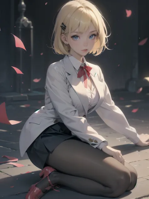 (Masterpiece: 1.2), (Best picture: 1.2), Anime girl, Solo, alone, Blonde hair, Hair clip on front right side, Bob cut, Red realistic and complex eyes, White female shirt, Brand grey blazer, Small red ribbon across chest,  made of stylish and exclusive mate...