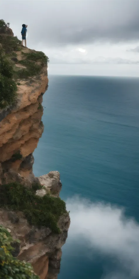 Desenhe um rapaz agasalhado, de cachecol, Looking at the horizon on top of a cliff with cloudy sky in 4K with rich details