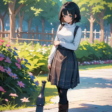 (high quality, High resolution, Super detailed, reality:1.37), peaceful atmosphere, (outdoor, garden), teenage girl standing alone, (my breasts are big.), Beautiful detail features, cute smile, (black bob hair), ribbed sweater, blue plaid skirt, black tigh...