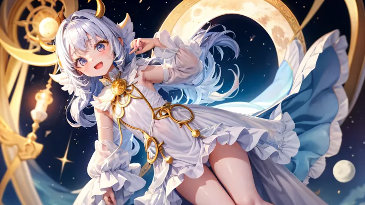 One very cute devil girl、One very cute angel girl、2 girls、13 years old、standing position、full body shot、white luxury dress、not wearing panties、Transparent white skin、Bust size according to age、the sun and the moon、god々new light、background night sky、smile、o...