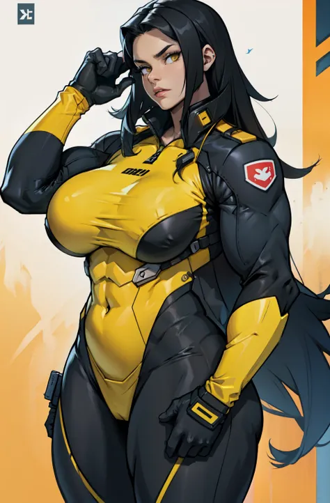 huge breasts black hair yellow eyes pale skin pilot suit very long hair [[[[pilot suit]]]]