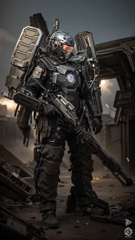 male soldier inside a modern beige metal exoskeleton robot suit with black details in traditional Chinese armor style, metal shoulder pads, metal boots, tubes and cables, he holds a laser cannon, he is in a completely destroyed post-apocalyptic city, 4k, U...