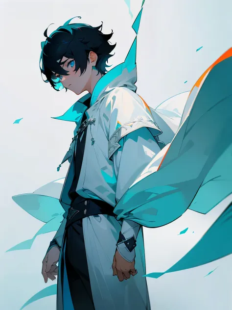 Russian teenager mature boy, black short hair, cyan eyes, white cold weather outfit, white cloak, ultra detailed, Fantasy style