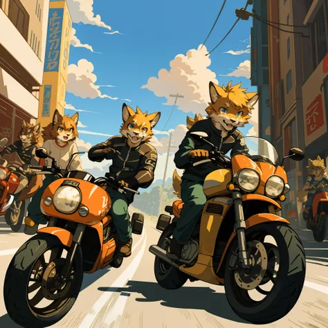 top quality, best quality, High-quality illustrations, masterpiece, super high resolution, detailed background, motorcycle, racing, 6+boys, 6+girls, absurdres(highly detailed beautiful face and eyes)perfect anatomy, expression, good lighting, cinematic sha...