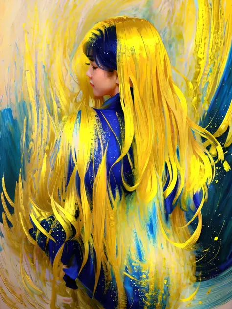 a close up of a person with yellow hair and a blue top, yellow hair, light yellow hair, long yellow hair, wavy hair yellow theme...