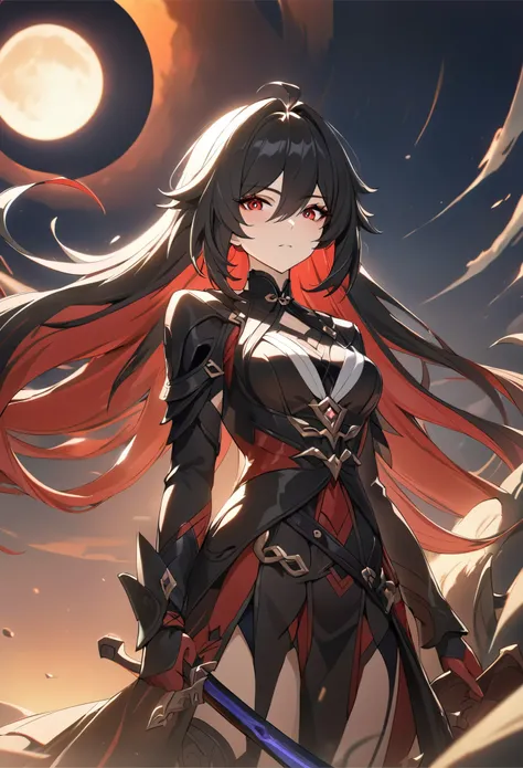 ((solo)), (woman), cherry red eyes, raven black hair, very long messy hair, vibrant red colored inner hair, beautiful, sculpted body, thick, mature body, a close up of a person with a sword in a desolate land detailed key anime art, honkai star trail chara...