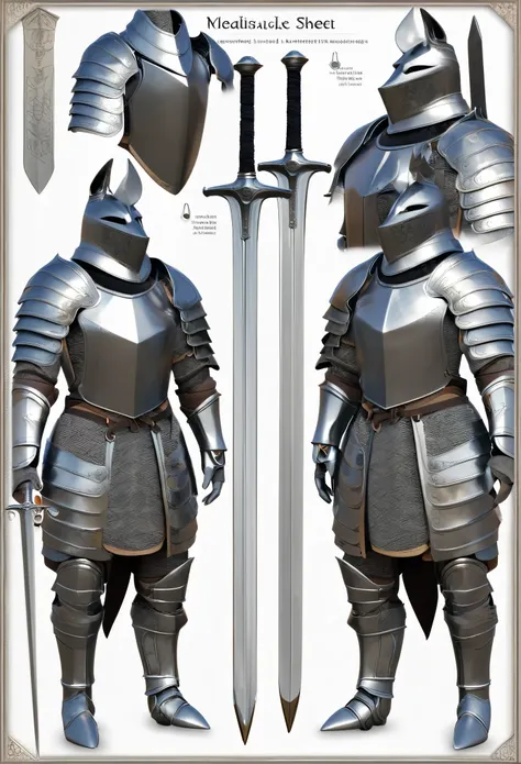 ((masterpiece)), (ultra detailed), (best quality)A character sheet of Mediaeval knight with various angles and full body views. Infographic diagram, details such as his utility Sword, armour, magic items. 3D style, perfect lines, highly polished surfaces, ...