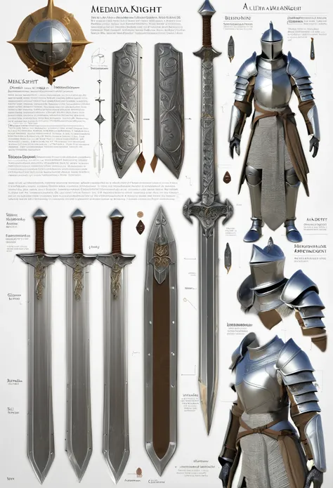 ((masterpiece)), (ultra detailed), (best quality)A character sheet of Mediaeval knight with various angles and full body views. Infographic diagram, details such as his utility Sword, armour, magic items. 3D style, perfect lines, highly polished surfaces, ...