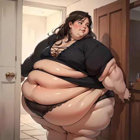 (masterpiece, best quality, highres, detailed, realistic:1.2), young european woman, USSBBW, (morbidly obese:1.2), (fatblob:1.2), detailed face, beautiful face, messy hair, high aesthetic, panties, stuck in door, frustrated expression, wedged,