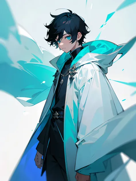 Russian teenager mature boy, black short hair, cyan eyes, white cold weather outfit, white cloak, ultra detailed, Fantasy style