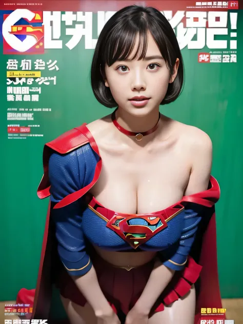 masterpiece、supergirl costume、short hair、enamel boots、big and full breasts、off shoulder、Crisis situation、standing on one knee、model body shape、shiny、long sleeve、looking at camera、choker、red mini skirt、Weekly magazine cover、gravure magazine、sweaty、whole bod...