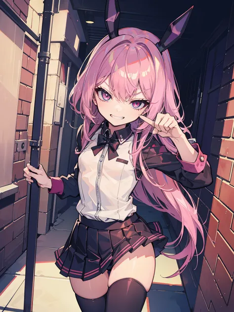 (hentai:1.2), (best quality:1.2), (highest quality:1.2), (dark alley:1.1), 1girl, solo, (evil smirk:1.2), lewd, (sexy pose:1.1), skirt, thigh high stocking, blouse, young girl, (thick thighs:0.9), amazing body, (small breasts:1.1), athletic body, high qual...