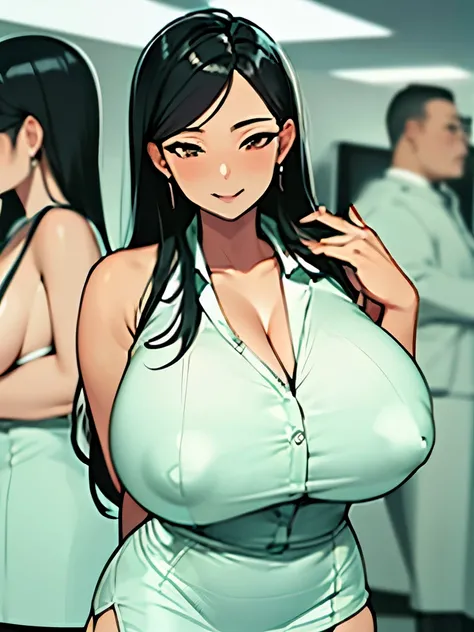 (best quality,4k,8k,highres,masterpiece:1.2),ultra-detailed,portrait,office lady,black hair,youthful face,natural huge breasts,cleavage,suit,tight miniskirt,nipples,bodycon,detailed eyes,detailed lips,professional setting,confident pose,studio lighting,viv...