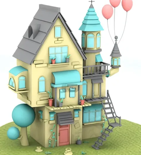 Close-up of a house with stairs and tower, Stylized for 3D rendering, Line drawing手绘风, off white，In a Candy Land style house, 3D rendering stylization, Stylized 3D, Lovely 3D rendering, Isometric 3D fantasy cute house, Gensoya, 3D stylized scene, Line draw...