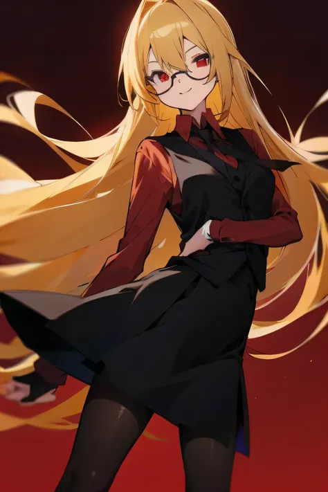 anime girl, 1girl, red eyes, blonde hair, long hair, straight hair, red shirt, black tie, black elegant vests, black skirt, pantyhose, black glasses, smile