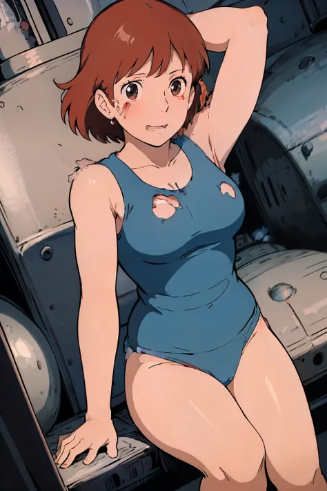 nsfw,(masterpiece, highest quality, High resolution, anime screenshot, anime color, 8K, realistic), Nausicaa, woman, mature woman, wife, alone, brown hair, (looking at the viewer), huge breasts, cleavage, (badly torn tank top:1.5), Upper body, forest, (per...