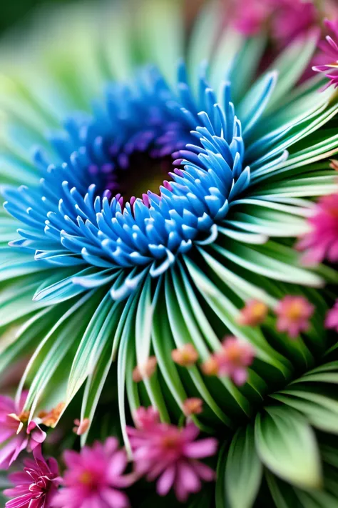 a close up of a flower budding on a plant with green leaves, false color, color ( sony a 7 r iv, colorful alien flora, inspired by Joseph Ignaz Appiani, hyper - detailed color photo, saturated color, chrysanthemum eos-1d, trending on unsplash, fractal blue...