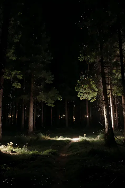 bosque oscuro iluminado por una luz frontal de linterna 