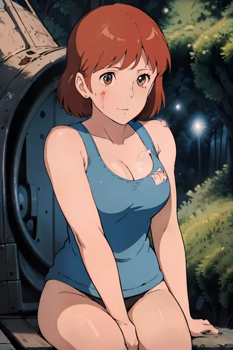 nsfw,(masterpiece, highest quality, High resolution, anime screenshot, anime color, 8K, realistic), Nausicaa, woman, mature woman, wife, alone, brown hair, (looking at the viewer), huge breasts, cleavage, (badly torn tank top:1.3), Upper body, forest, (per...