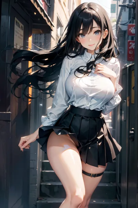 Top image quality、high resolution、a delicate face、Beautiful woman with perfect style、affectionate smile、pleated skirt、tight skirt、mini skirt、long skirt、Big breasts and thin waist、thin legs，black stockings，permanent，（（huge breasts）），Grooves reveal original ...