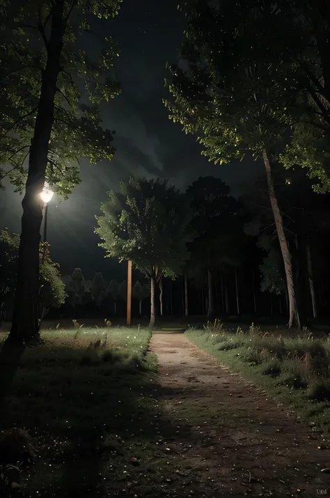 bosque de noche de una pelicula de terror alumbrado por una linterna fotorealista con fantasmas realistas entre los arboles de noche