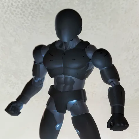 A toy figure stands on the table, Detailed Humanoid, translucent body, humanoid figure, humanoid character, Strong silhouette, muscular character, transparent body, extra detailed body, humanoid shape, PVC poseable, perfectly shaded body, ( highly detailed...