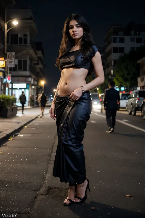  Best quality, masterpiece, ultra high res, (photorealistic:1.4), raw photo, (perfect body shape), (beautiful face), dynamic pose, 1girl, Indian hindu girl, jwellery, saree, in the dark, night, on the street, india, deep shadow, low key, cold light 12000K,...