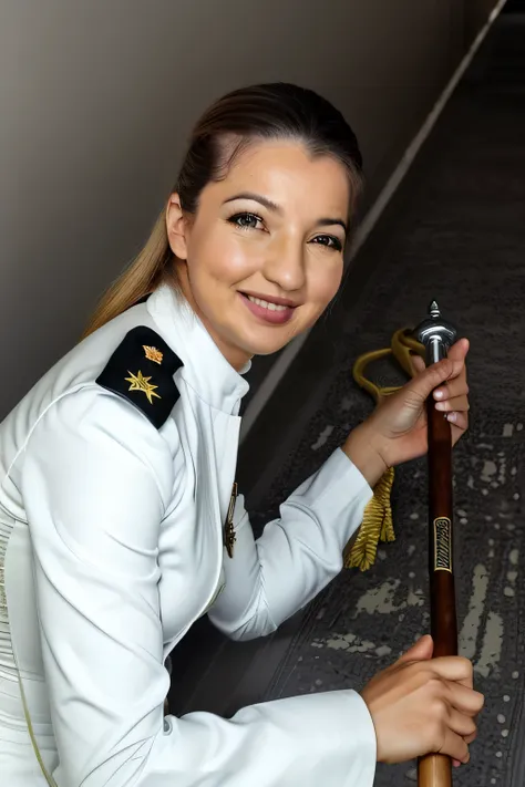 mulher arafada de uniforme branco segurando uma espada e sorrindo, simona sbaffi is the captain, holding a caduceus staff, embar...