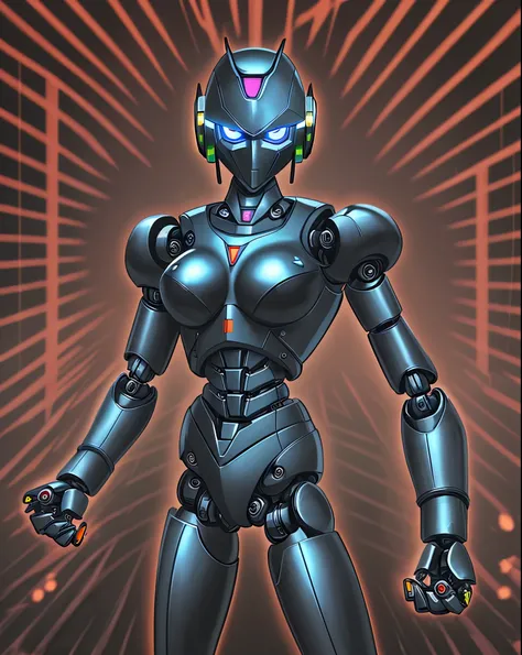 Background is evening, black iron robot, doll robot, high performance, high quality, full of armament,