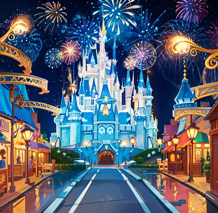 Disney Castle painting with fireworks in the sky, Disneyland背景, Disneyland Castle in the background, magic kingdom, disney concept art, kingdom of light background, Disneyland, magic castle, walt Disneyland, pixie dust magic, magic city, disney art, disney...