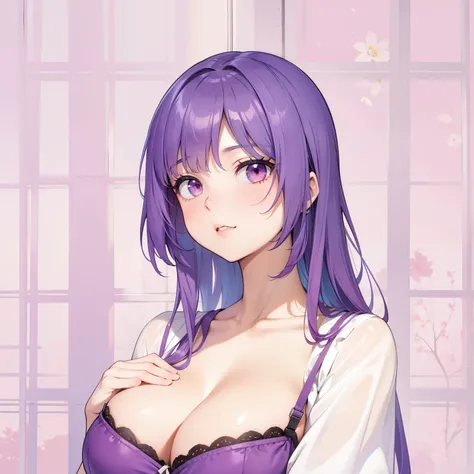 girl with purple hair and red eyes in a bra top, she has purple hair, 