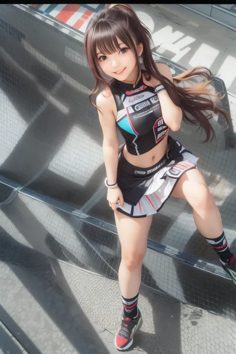 race queen, grid girl, skirt, sleeveless, master piece , best quality , detailed , bangs , woman , smile
