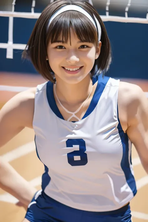 ((volleyball player))、(White sleeveless and blue shorts:1.5))、(masterpiece、highest quality) 、cute smile、(Medium chest:1.2)、((20 year old female:1.2))、Young adorable Japan face, (cute short hair:1.5),Frontal portrait shot,In 8K,cute college girl、(volleyball...