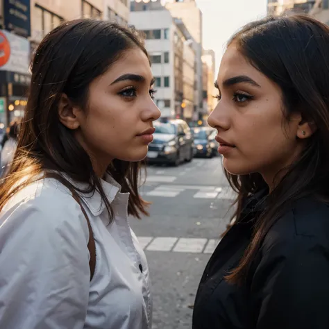 A couple of two girls seeing each other face to face, en su fondo la ciudad de Nueva York, a brown girl with blue eyes, nariz perfilada, big eyelashes, cejas gruesa, la segunda chica pelinegra, ojos grises, facciones delicadas pero marcadas, thick eyebrows...