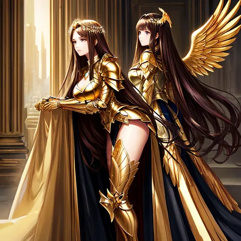 (masterpiece), (best quality), (high detail), nsfw, best quality, extremely beautiful, beautiful face, angel woman, 2 huge golden wing, revealing armor with open front skirt, very long dark hair