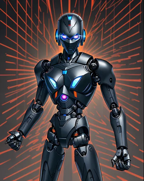 Background is evening, black iron robot, doll robot, high performance, high quality, full of armament,