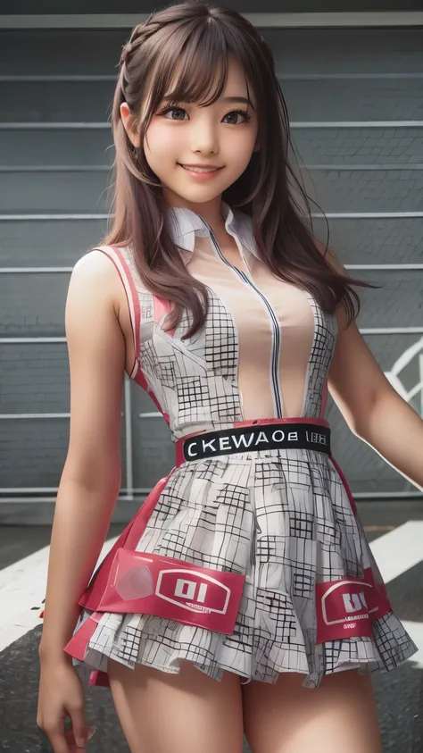 race queen, grid girl, skirt, sleeveless, master piece , best quality , detailed , bangs , woman , smile